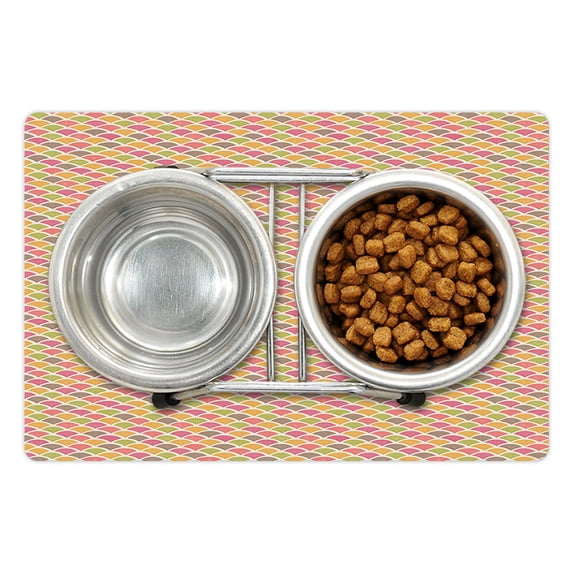 Scale Pet Mat for Food and Water, Retro Style Half Circles with Stripes Ornamental Geometric Composition Mosaic Pattern, Non-Slip Rubber Mat for Dogs and Cats, 18" X 12", by Ambesonne