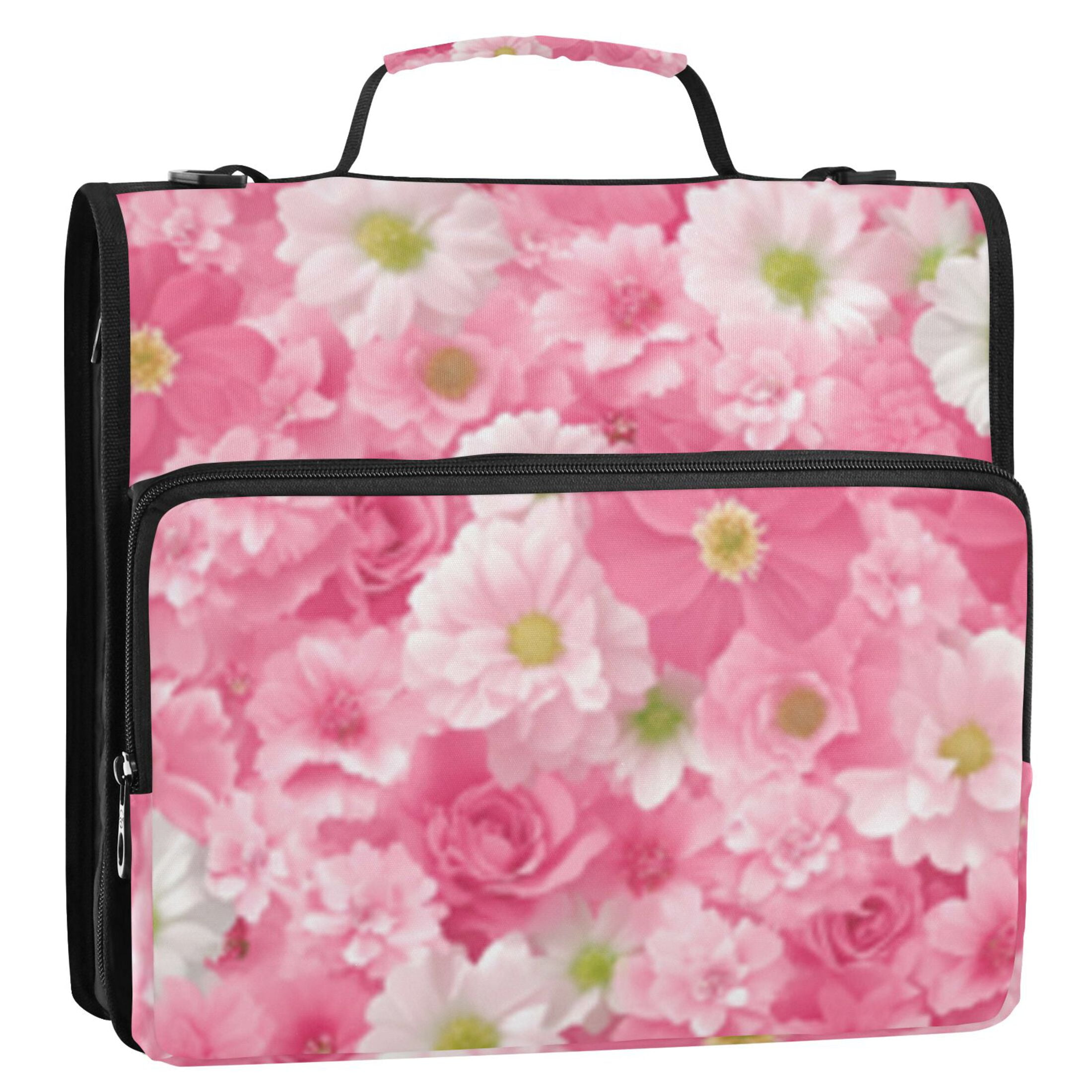 Zipper Binder Pink Floral Cluster 1.5 Inch Binder Folder Bag with Shoulder Strap and Handle