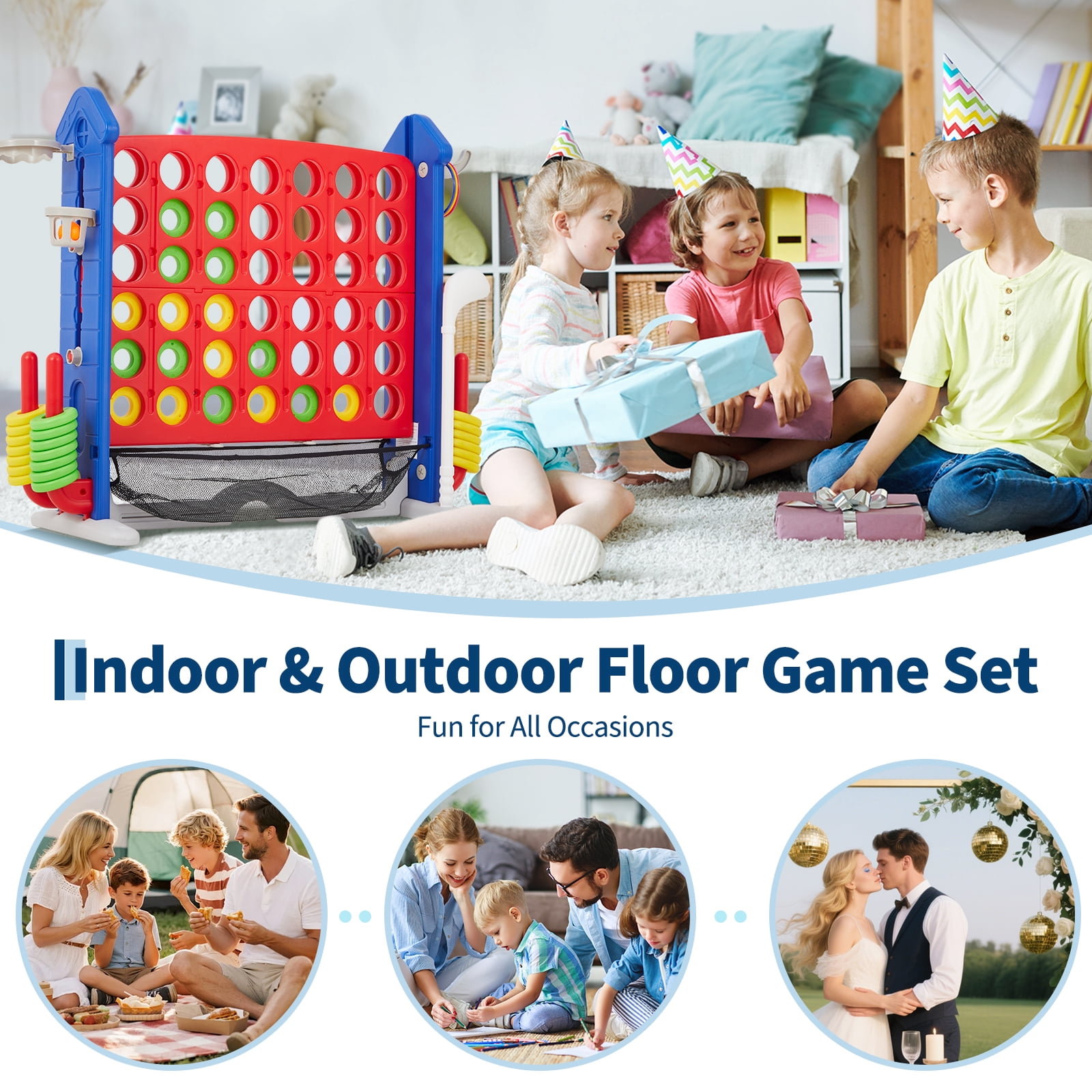 Giant 4-to-Score Game Set, 3-Level Height Adjustable Jumbo 4-in-a-Row Game with Quick-Release Slider, Mini Basketball, Golf & Ring Toss Set for Party