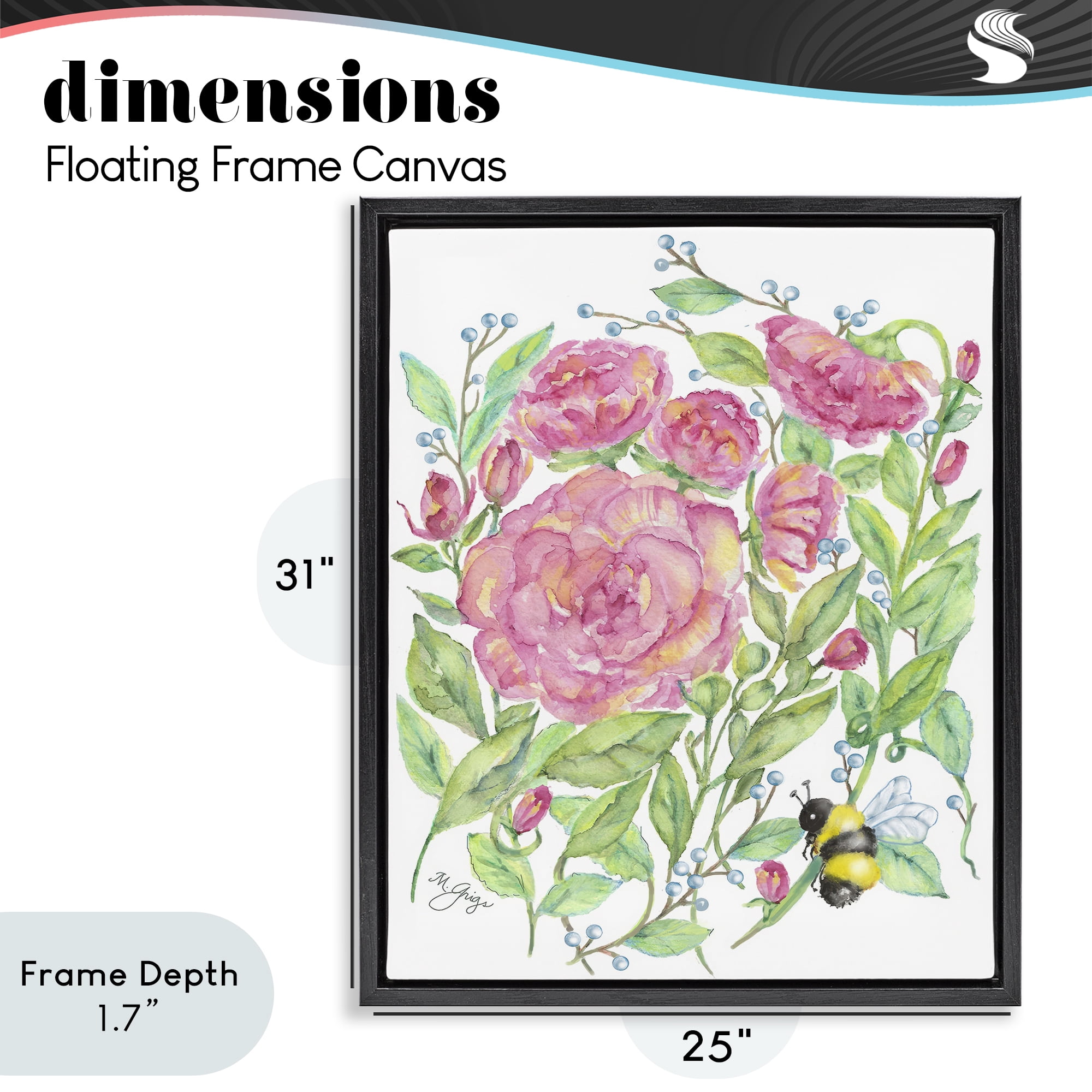 Stupell Industries Peony & Bumble Bee Black Framed Floater Canvas Wall Art, design by Maureen Grigs