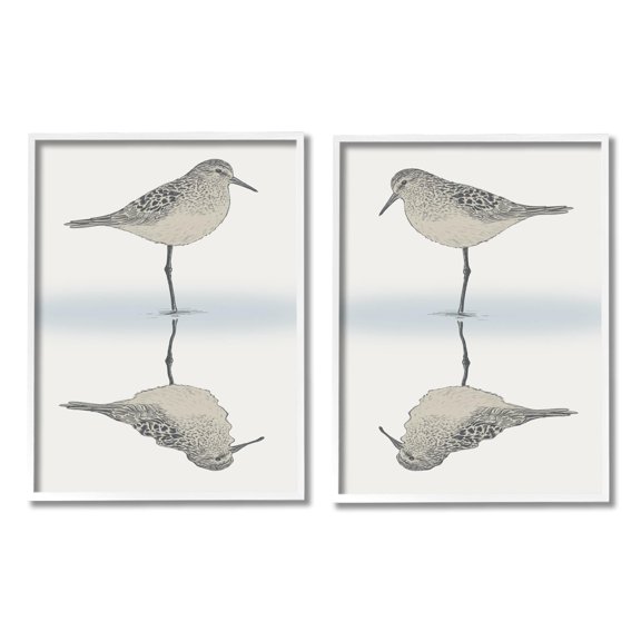 Stupell Industries Tranquil Sandpiper Reflection Nautical Bird Beach Shore Graphic Art White Framed Art Print Wall Art, Set of 2, Design by Ziwei Li