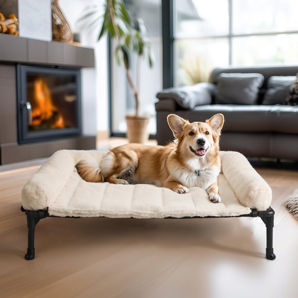 Veehoo Lit pour Chien Surélevé Rafraîchissant + Coussin Oreiller Moelleux en Peluche Amovible, Lit pour Chien Surélevé avec Traversin Lavable, Maille en Teslin Respirante, Fe Antidérapant