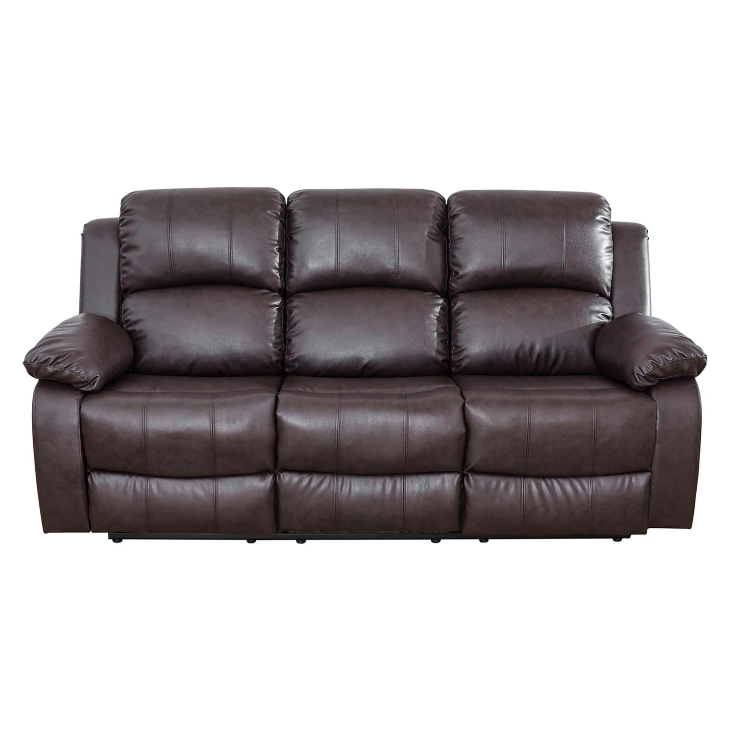 Gewnee Breathing leather Upholstered Manual Reclining Sofa with 3 Recliners and Cup Holders,Dark Coffee