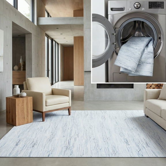 SAFAVIEH Malibu Iqera Distressed Polyester Machine Washable Area Rug, Grey/Turquoise, 8' x 10'