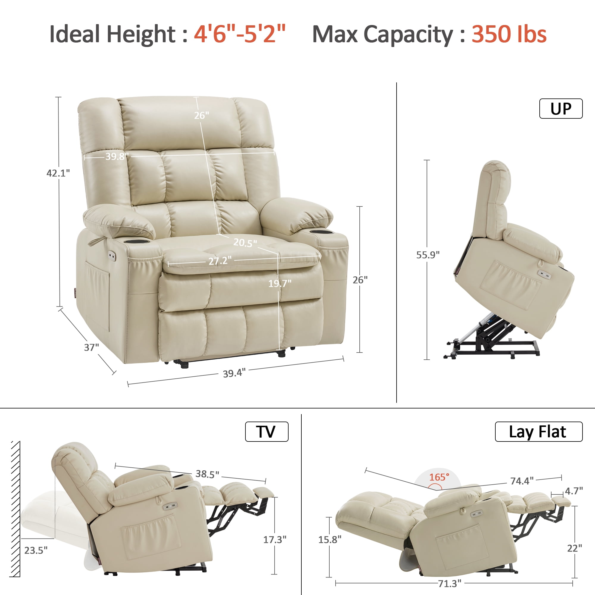 MCombo Small Dual Motor Power Lift Recliner Chair Sofa with Massage and Heat for Elderly People, Infinite Position, USB Ports, Faux Leather R7894 (Cream White, Small-Wide)