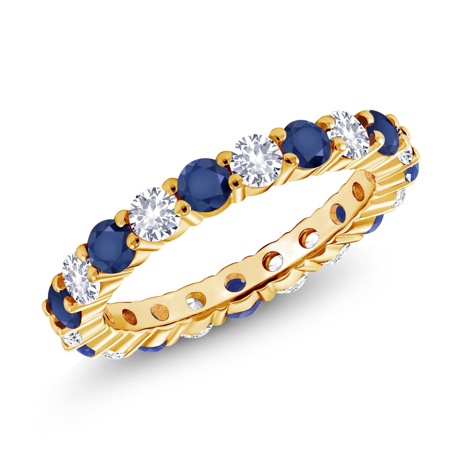 Gem Stone King 18K Yellow Gold Plated Silver Round Blue Sapphire Eternity Band Ring for Women | 1.70 Cttw | Wedding Engagement Anniversary Promise Ring for Women | Size 5, 6, 7, 8, 9| Size 5