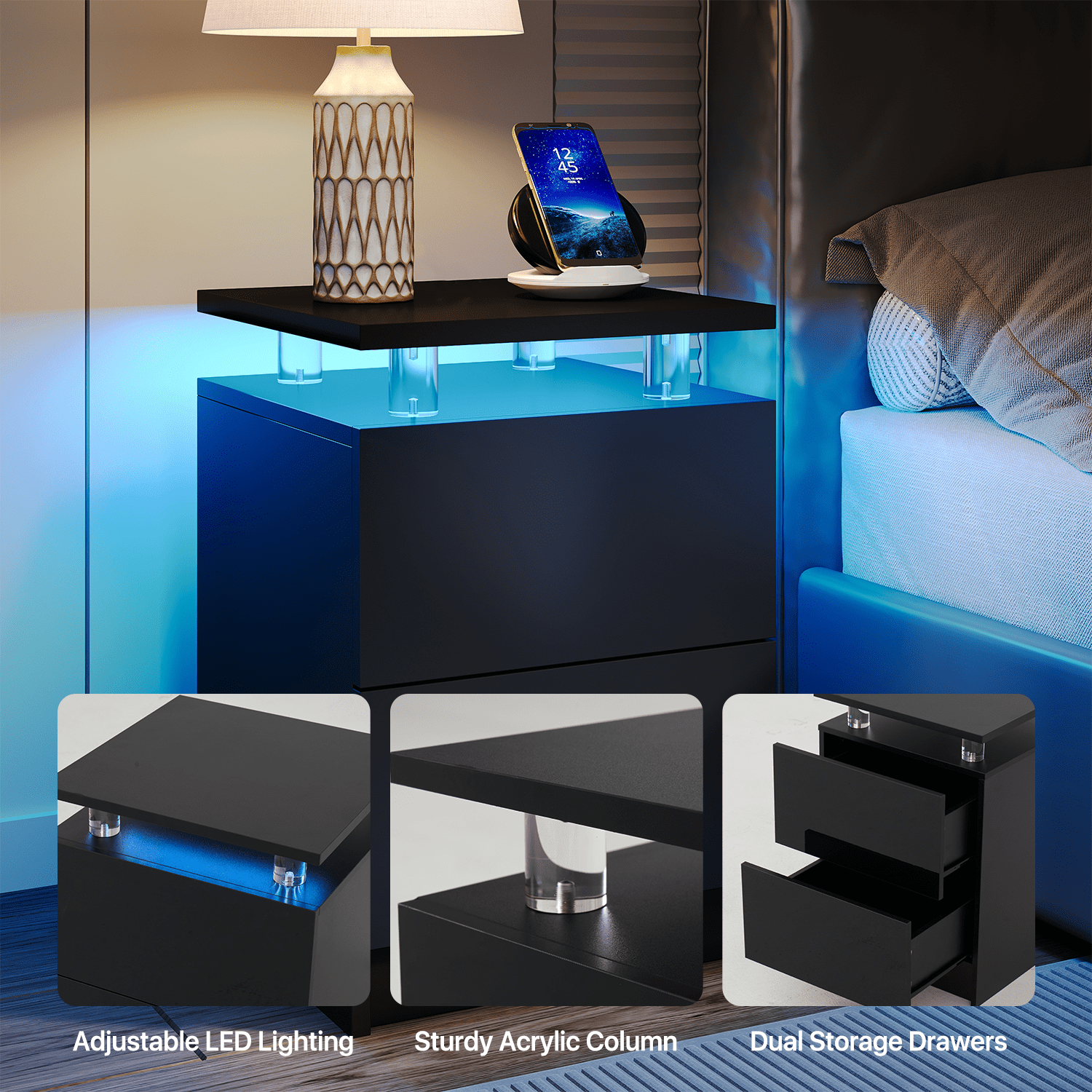 Sonegra Nightstand Set of 2, LED End Table with 2 Storage Drawers, Sofa Side Table for Living Room and Bedroom, Black 15IN