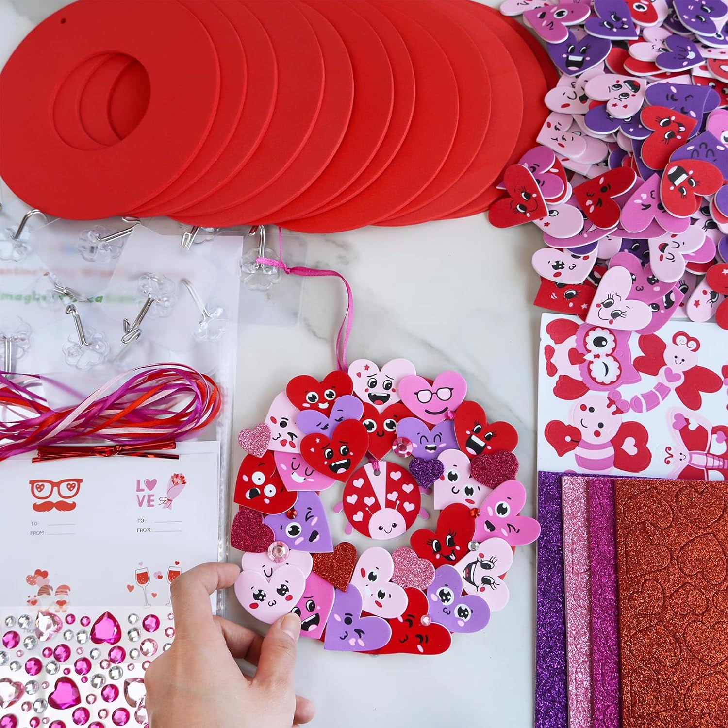 Valentine's Day Craft Kits DIY Heart Wreath Ornaments Decorations Art Sets Foam Smile Heart Stickers for Valentine's Day Party Classroom Activities Gift Exchange