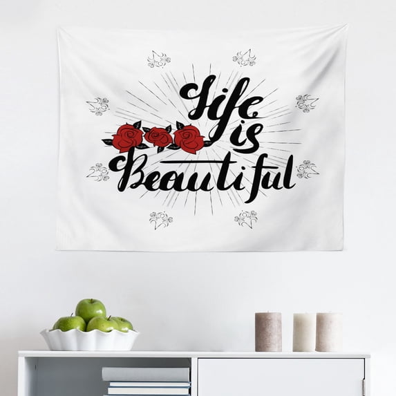 Saying Tapestry, Christmas Themed Typographic Image with Wishing You Peace Love and Joy Lettering, Fabric Wall Hanging Decor for Bedroom Living Room Dorm, 2 Sizes, Multicolor, by Ambesonne