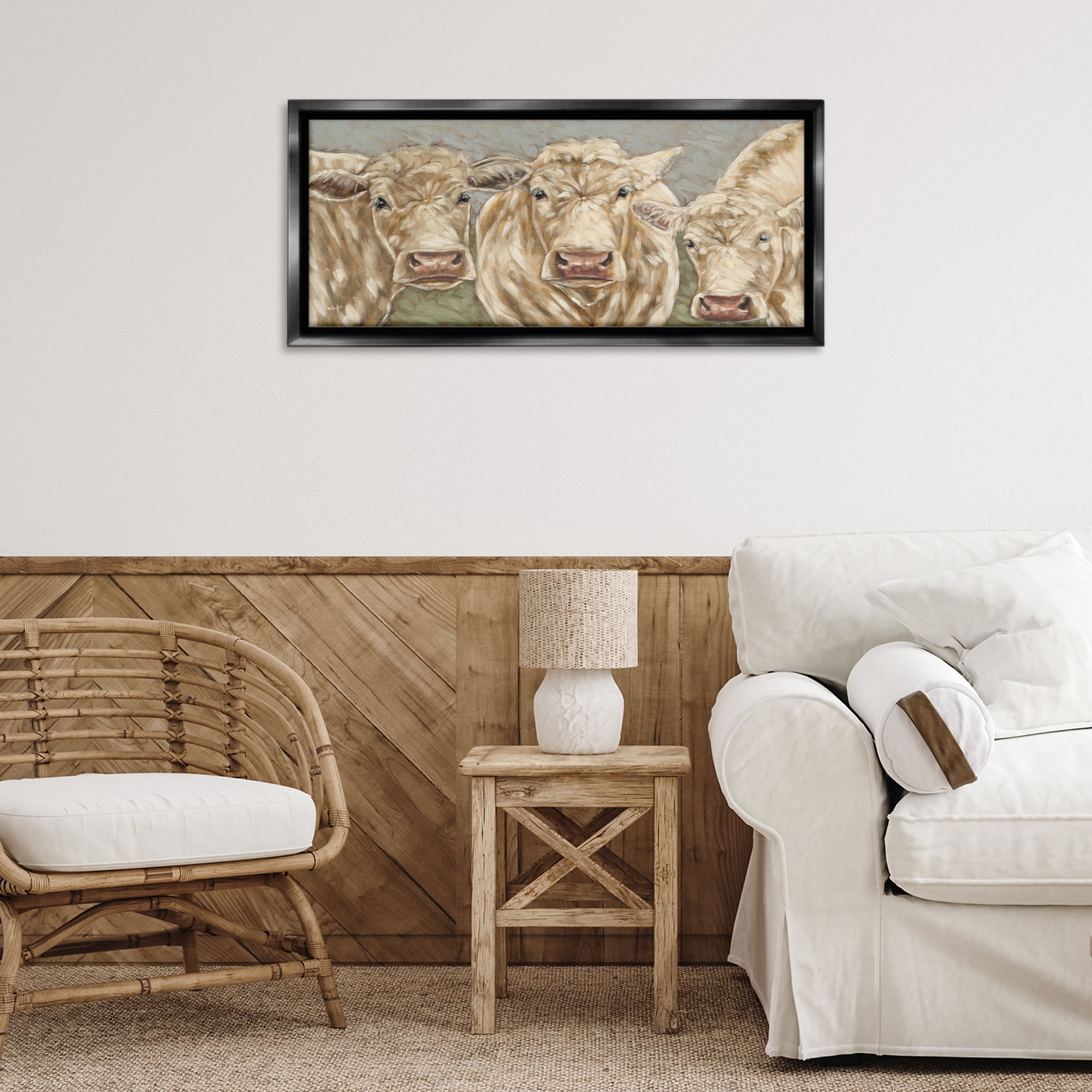 Stupell Industries Beige Cow Trio Animals & Insects Painting Black Floater Framed Canvas Art Print Wall Art, 31 x 14