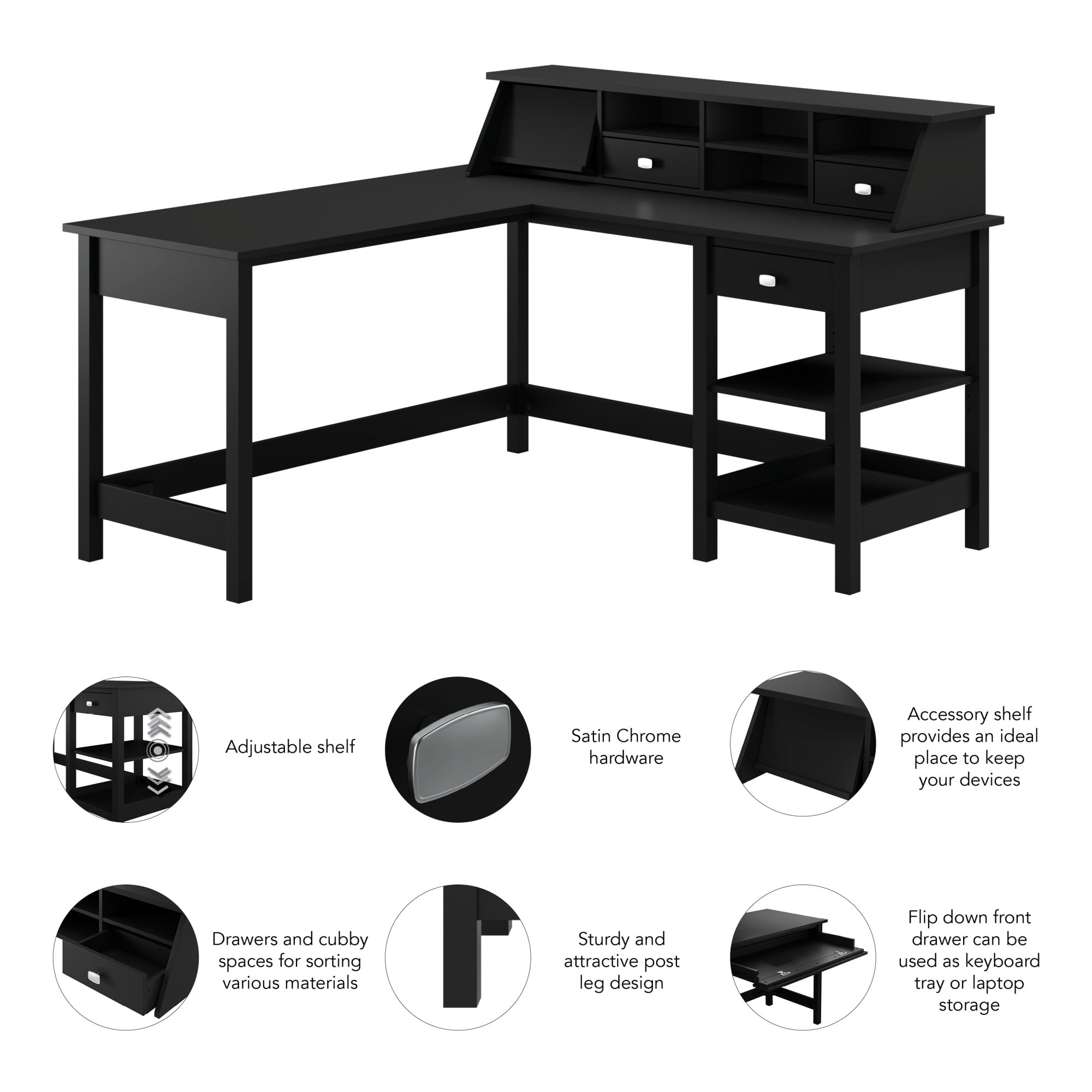 Bush Furniture Broadview 60W L Shaped Computer Desk with Storage and Desktop Organizer in Classic Black