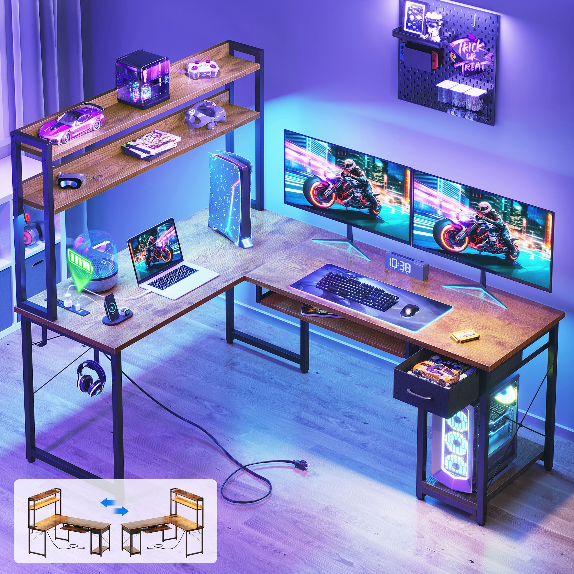 59" Reversible L-Shaped Gaming Desk with Power Outlets & LED Lights, Office Desk with Storage Drawer & Keyboard Tray for Home Office, Corner Computer Desk with Hutch, Vintage