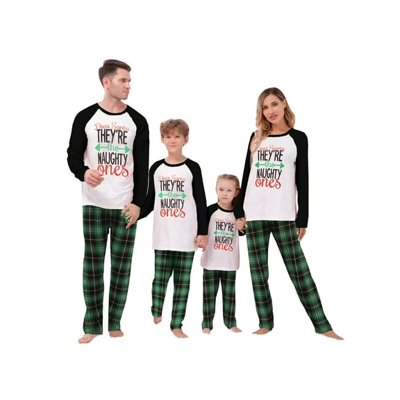 Christmas Letter Contrast Top and Plaid Pants Family Matching Pajamas,Unisex,Sizes Baby-Kids-Adult,2-Piece