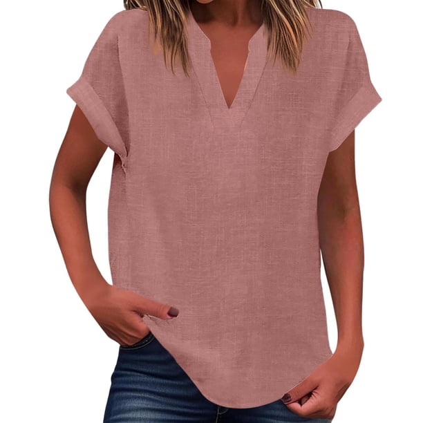 Vestidos Casuales Para Mujer, Blusas De Mujer De Moda Suéter de mujer de color liso de imitación de lino y lino con hombros descubiertos y cuello en V de manga corta a la moda