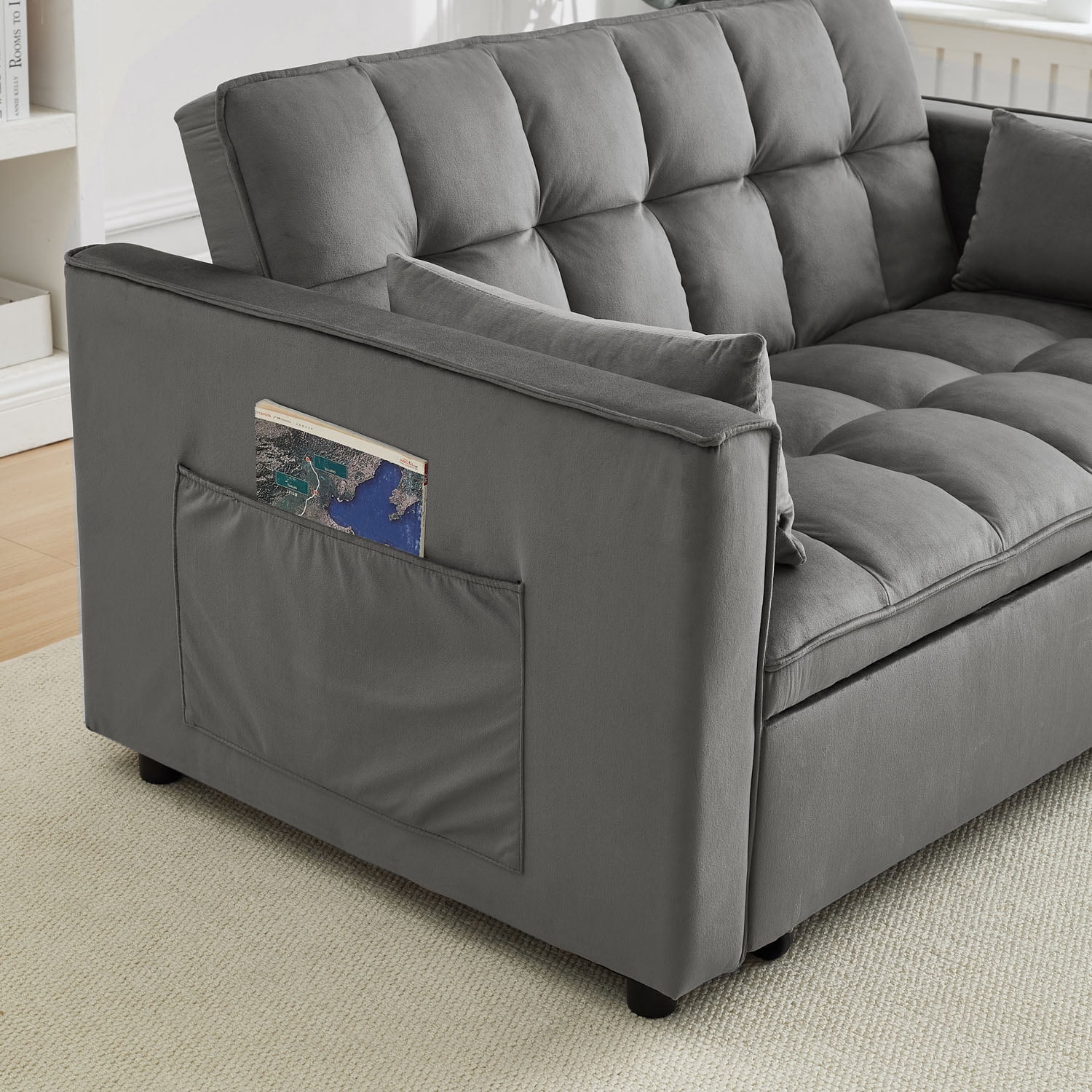 Pull Out Sofa Bed,Full-Size Sleeper Sofa,Velvet Convertible Loveseat Counch with Side Strong Pocket,Multi-Function 2-Seater Sofa Bed with Wheels for Living Room Apartment Guest Room,Gray