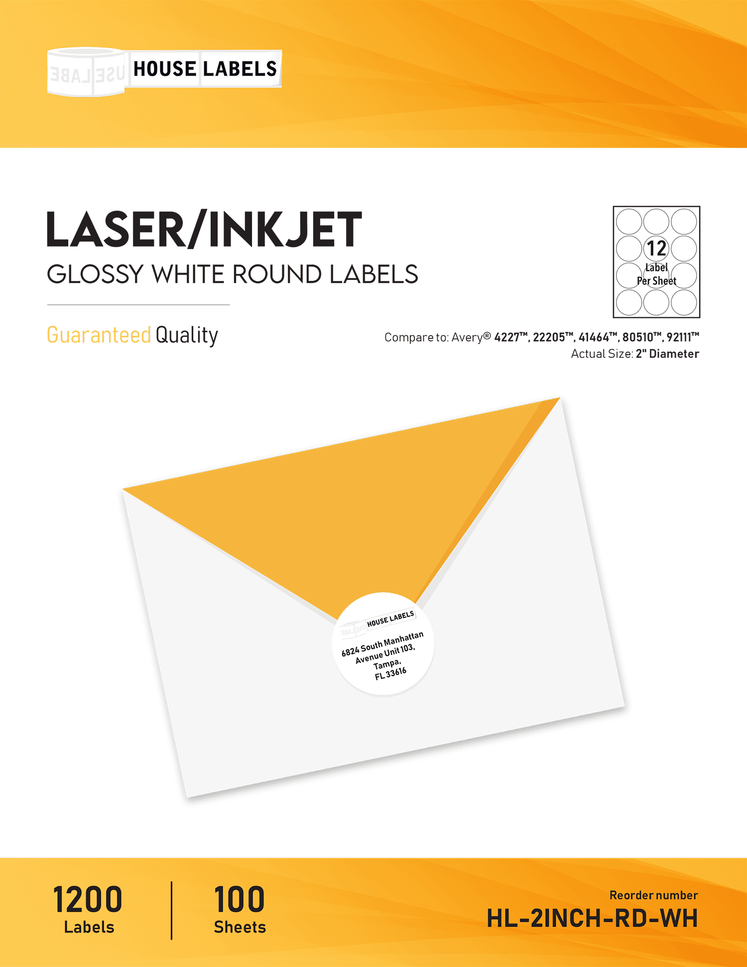 HOUSELABELS 12-up GLOSSY Round (2" Diameter) Labels for Laser and Inkjet Printers, 300 Sheets
