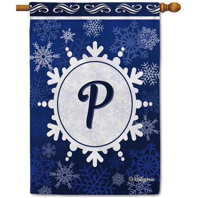 Welcome Winter Snowflake Monogram P Decorative House Flag Initial Letter Snow Deocr Banner for Inside and Outside 28x40 Inch Double Sided