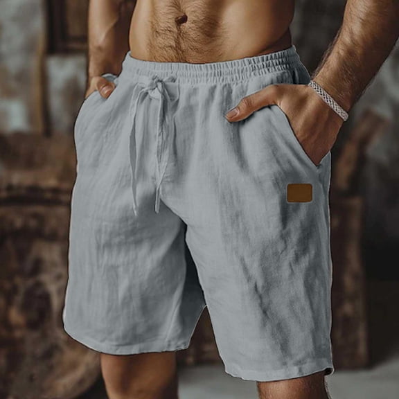 KIHOUT Men's Solid Color Pre-Shrunk 60% Cotton 40% Linen Beach Shorts Elastic Waist Drawstring Casual Shorts with Pockets