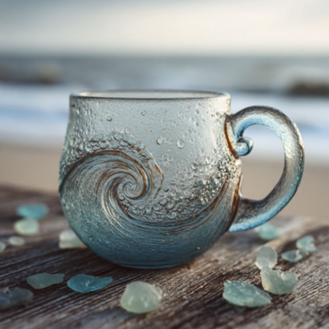 Taza de olas marinas, de vidrio soplado a mano, con textura única, temática playera, para té, vino, hecha a mano, inspirada en el mar, regalo para amantes.