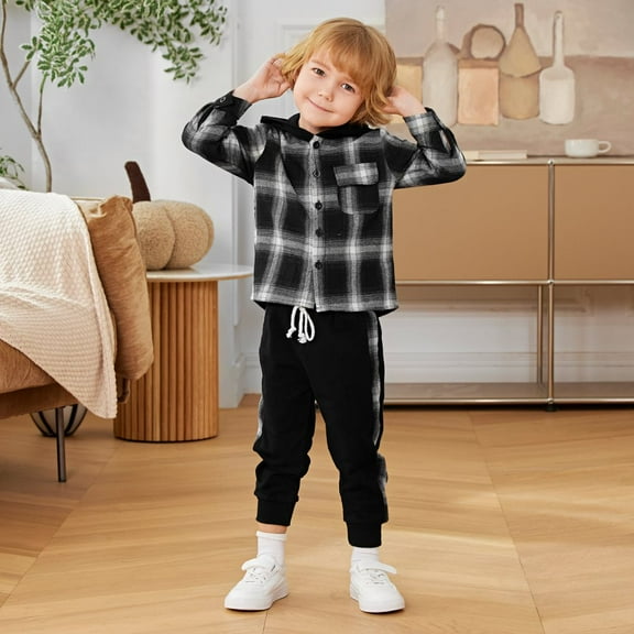 2Pcs Toddler Boys Hoodie Clothes Sweatsuit Kids Long Sleeve Plaid Shirts Top Matching Drawstring Sweatpant Long Pants Set 12M-5T