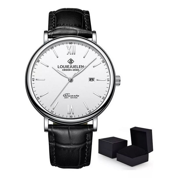 Reloj De Cuarzo Cuero Genuino Calendario Impermeable Hombres Correa Negro