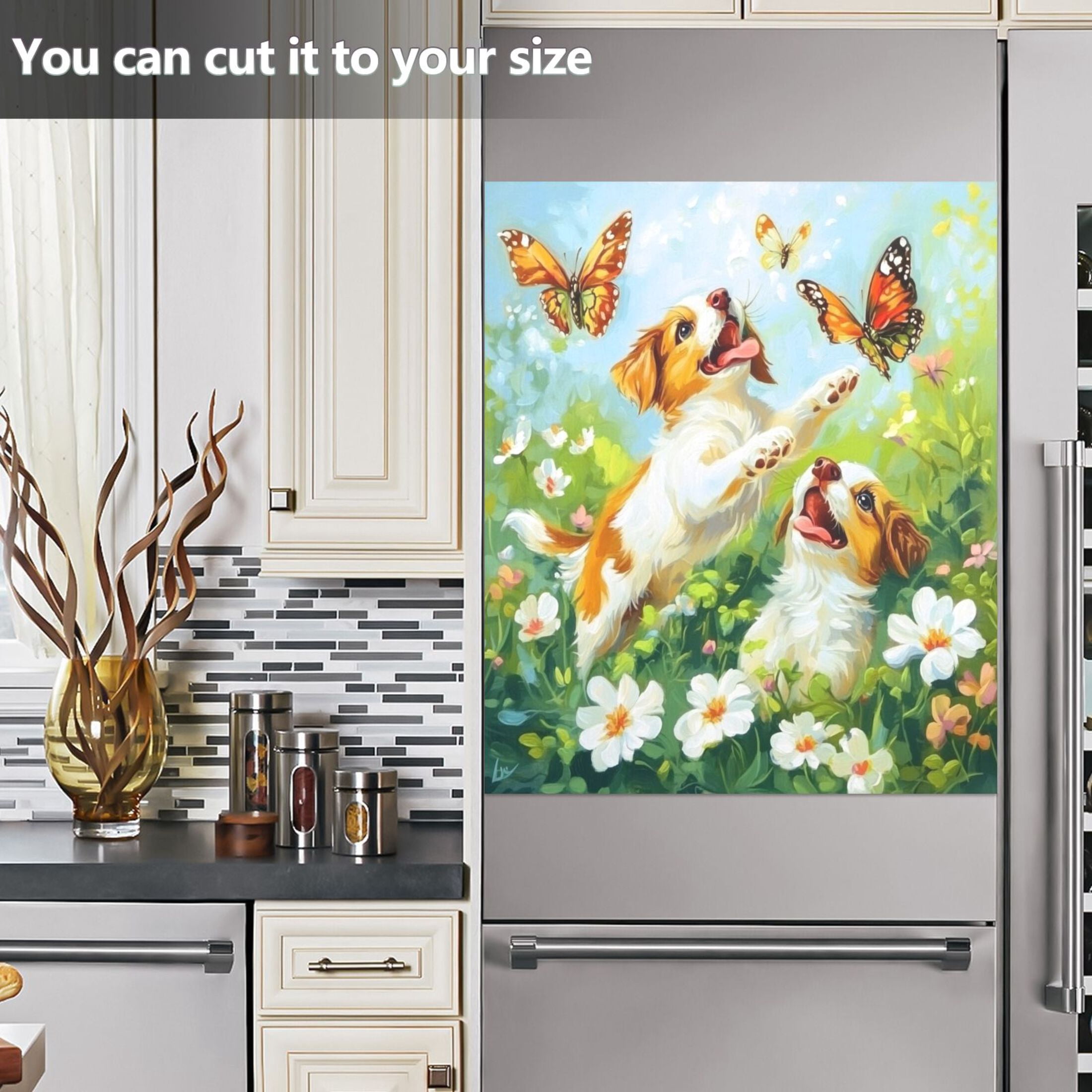 Dishwasher Magnetic Sticker 23x26 Inch Refrigerator Magnetic Sticker Washing Machine Magnetic Sticker Kitchen Panel Magnetic Sticker Home Decor Dogs and White Flowers