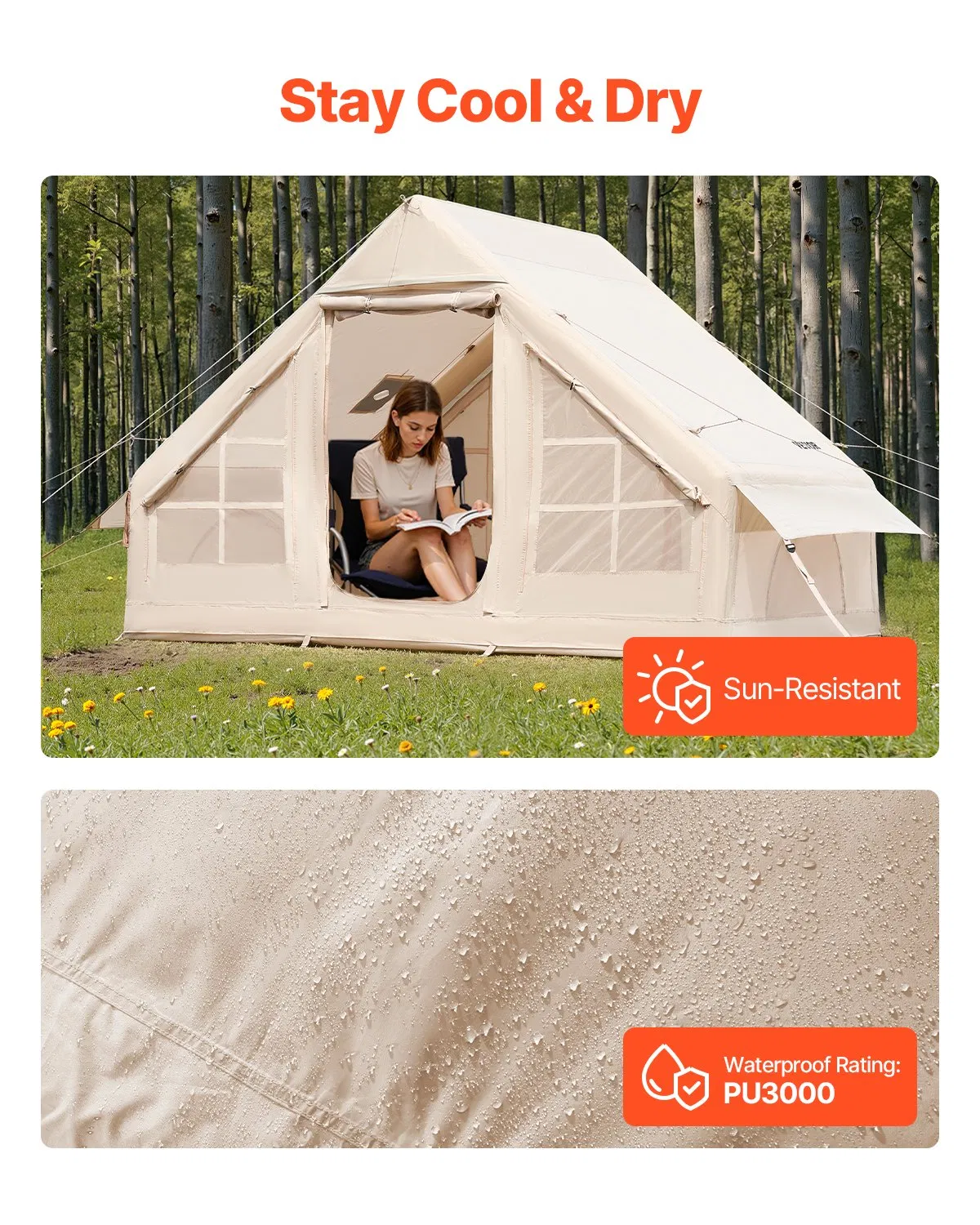 Inflatable camping tent, with manual pump, 300D Oxford fabric, with stove socket, 2 doors and 2 mesh windows, equipped with storage bag, easy to carry, suitable for outdoor camping
