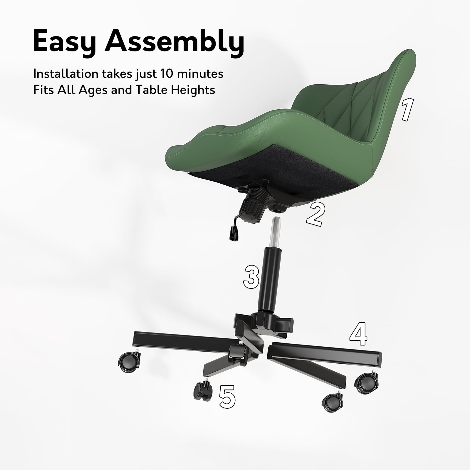 iooHug Armless Office Chair, PU Leather Small Computer Desk Chair with Wheels, Adjustable Swivel Vanity Chair with Memory Foam Cushion, No Arms Task Chair for Home Office, Bedroom, Green