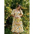 thumbnail image 5 of Multicolor Lemon Print Midi Dress With Puff Sleeves Square Neck Side Tie Waist Flowy Skirt, 5 of 8