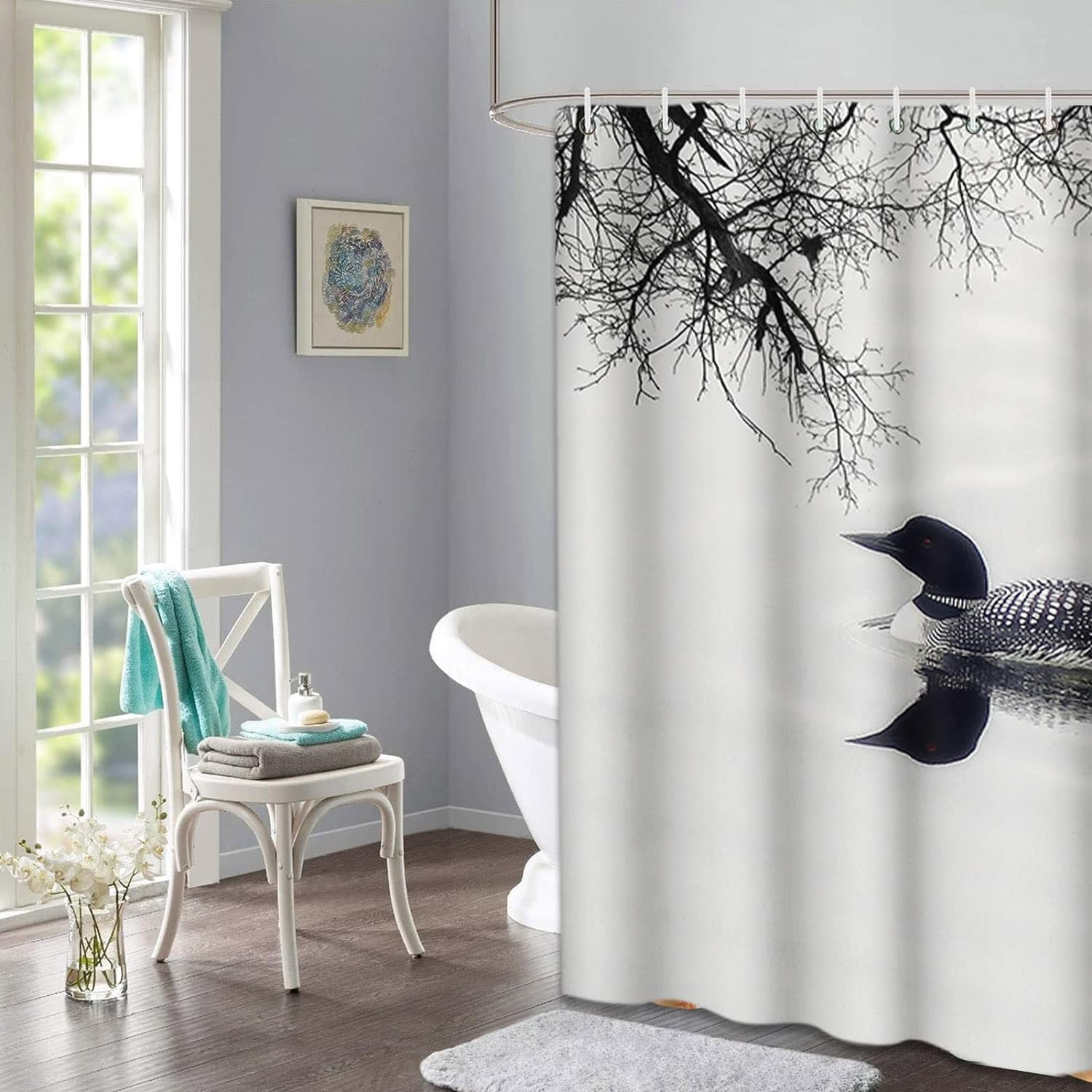 Shower Curtain Water Black and White Loon Lake Cottage Bird 72"x72" Home Decor Waterproof Bath Bathroom Curtain Set with Hooks