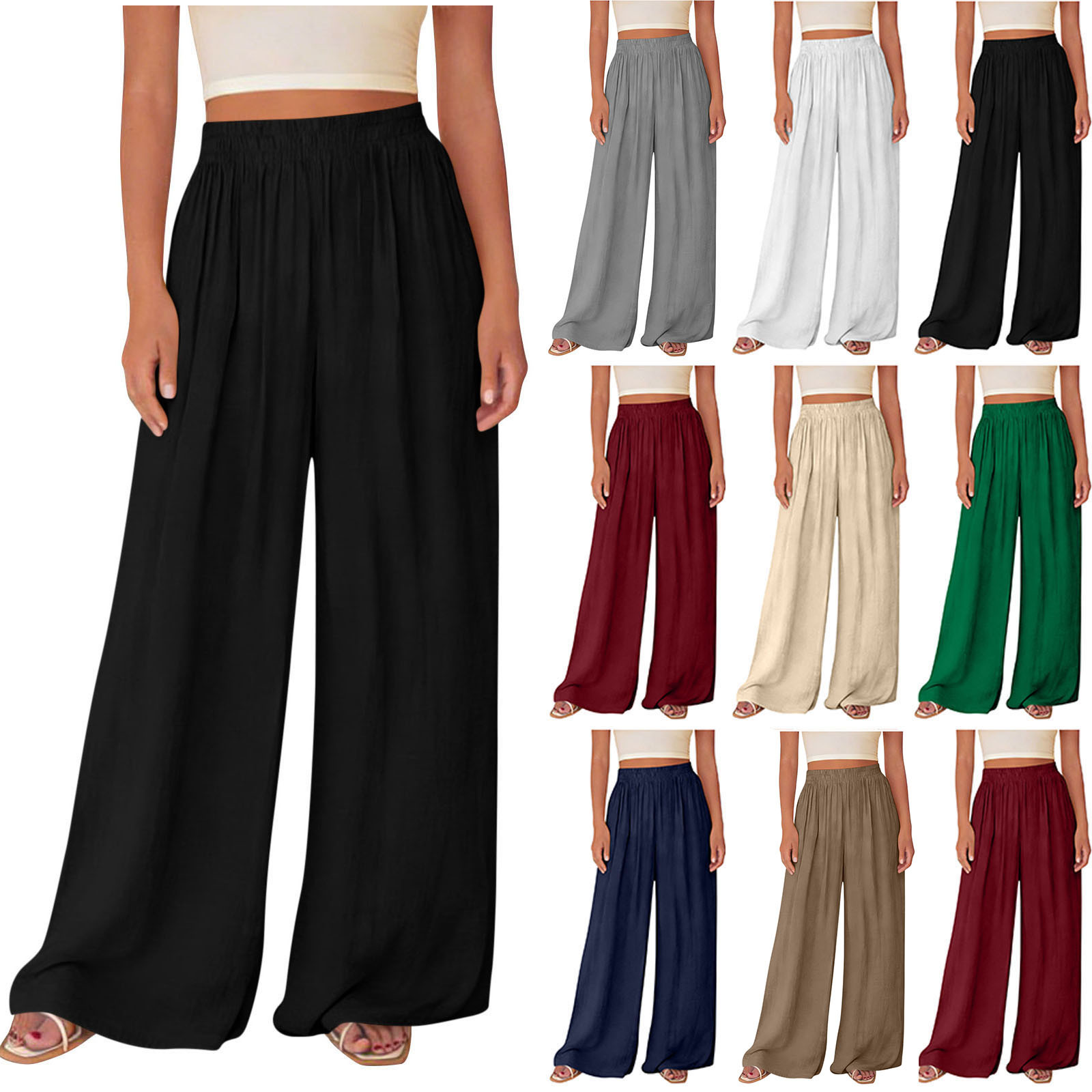 Wide Leg Trousers Women Ruched Elastic Waist Palazzo Pants with Pockets Summer Trendy Womens Clothes