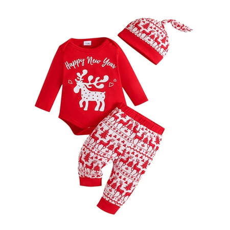 

SZXZYGS Boys Pants Baby Girl Xmas Outfit My First Christmas Romper Print Pants Hat Clothes Set