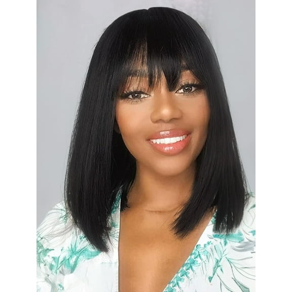 12 Inch Glueless Short Bob Wig - Natural Black Light Yaki Straight Hair with Bangs | Heat Resistant Synthetic Wig for Women (Blunt Cut, Realistic Look)