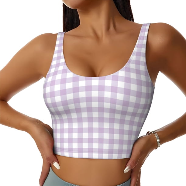 Fotbe Purple Checkboard Sujetador Deportivo Largo sin Aros para Mujer con Almohadillas y Soporte Medio, Transpirable y Absorbente, Camiseta Tipo Chaleco o Tank Top-X-Large