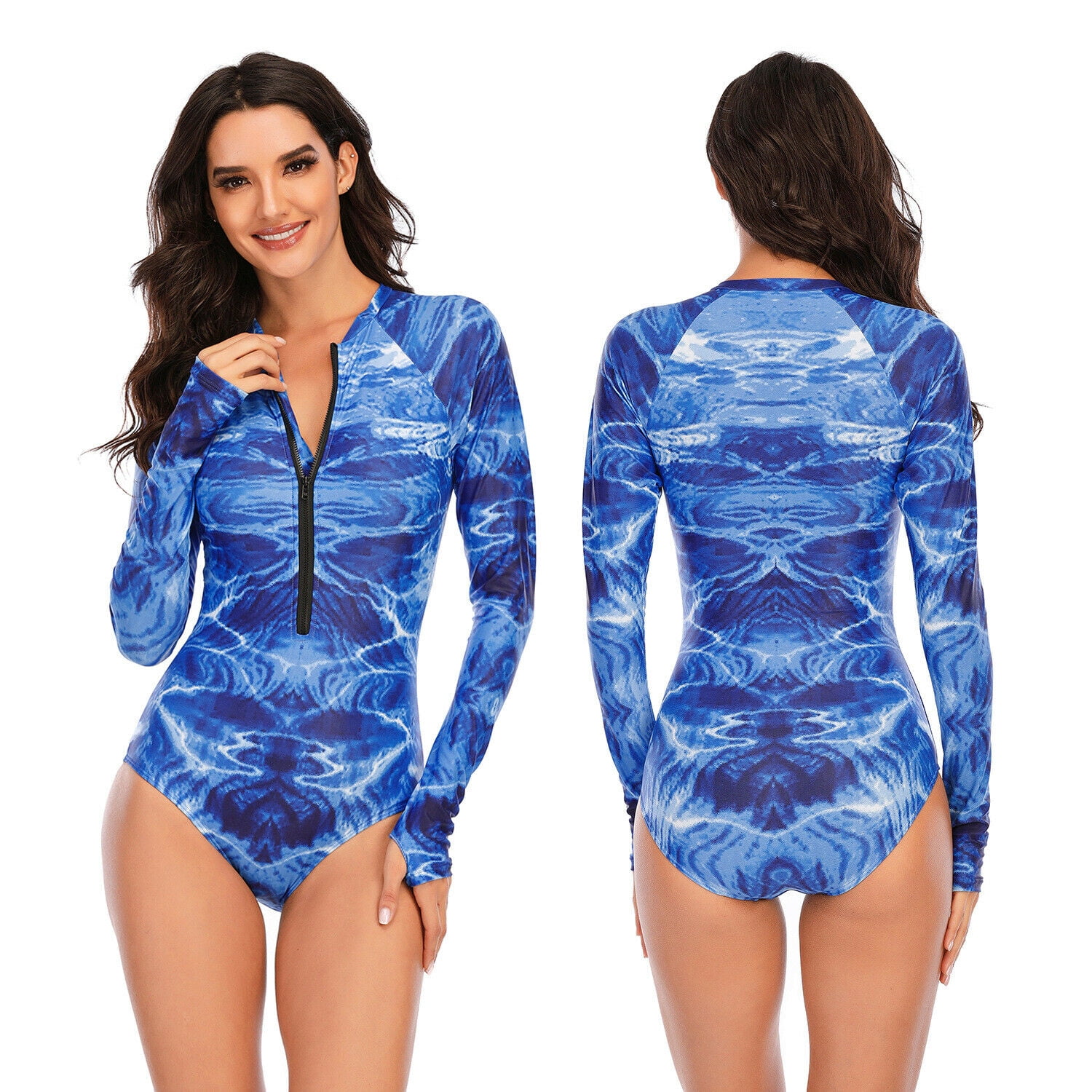 Sun Protection Printed Zipper Surfing Bathing Suit Solid Color Swimwear StyleV Womens Long Sleeve One Piece Swimsuit Rash Guard UV UPF 50
