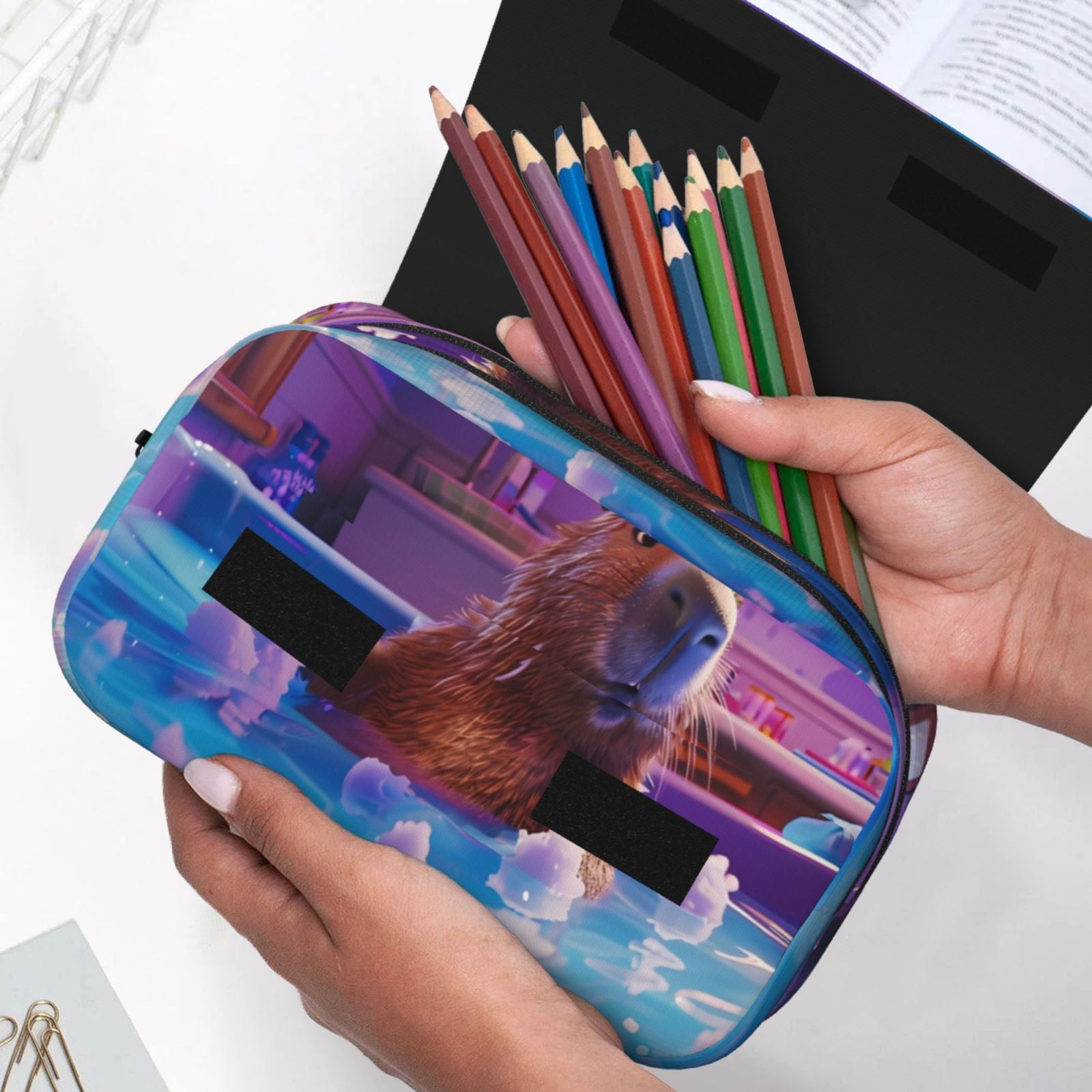 Rateoe Capybara Bathtub Fun Pattern Double Clamshell Pen Case, Storage Organizer with Two Zipper Compartments– Holds Up to 50 Pencils & Pens