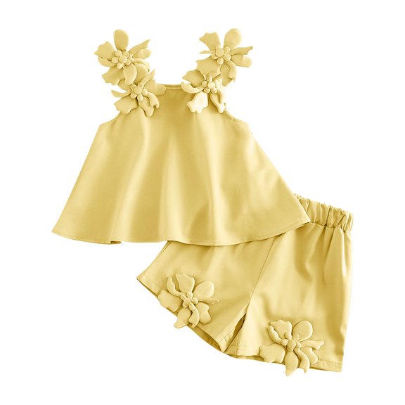 PInxia Clothes for Girls 2 Piece Sets Summer Square Neck Sleeveless Tank Tops Elastic Waisted Wide Leg Shorts Loose Casual Outfits,Yellow,7-8 Years