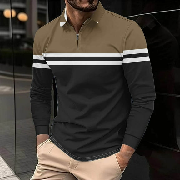PNTUTB Men's Casual Loose Zipper Lapel Collar Pullover Striped Color-blocking Shirt Long Sleeve Comfort Blouses