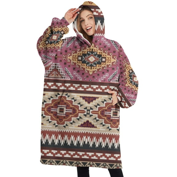 Oversized Wearable Blanket Hoodie,Pink Boho Tribal Diamonds and Triangles Pattern Sherpa Blanket Hoodie with Super Pockets,Super Warm Fuzzy Pullover for Women & Men