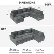 BedLuxury 106 Modular Sectional Sofa Bed with Pull Out Bed, Large Storage & USB Charging, Modern Sleeper Couch for Living Room, Corduroy Gray