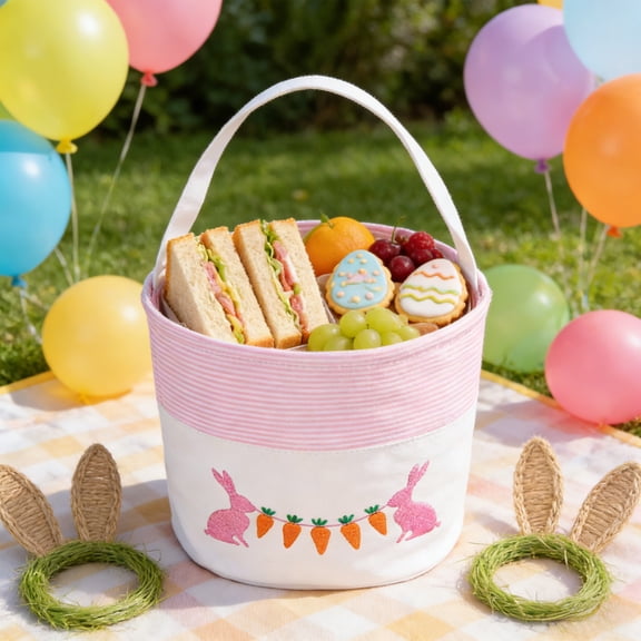 Tyidzon Easter Bunny Basket, 5.3 Inch Embroidered Rabbits Storage Basket with Handle, Small Children Eggs Hunt Basket for Desktop Spring Home Decor