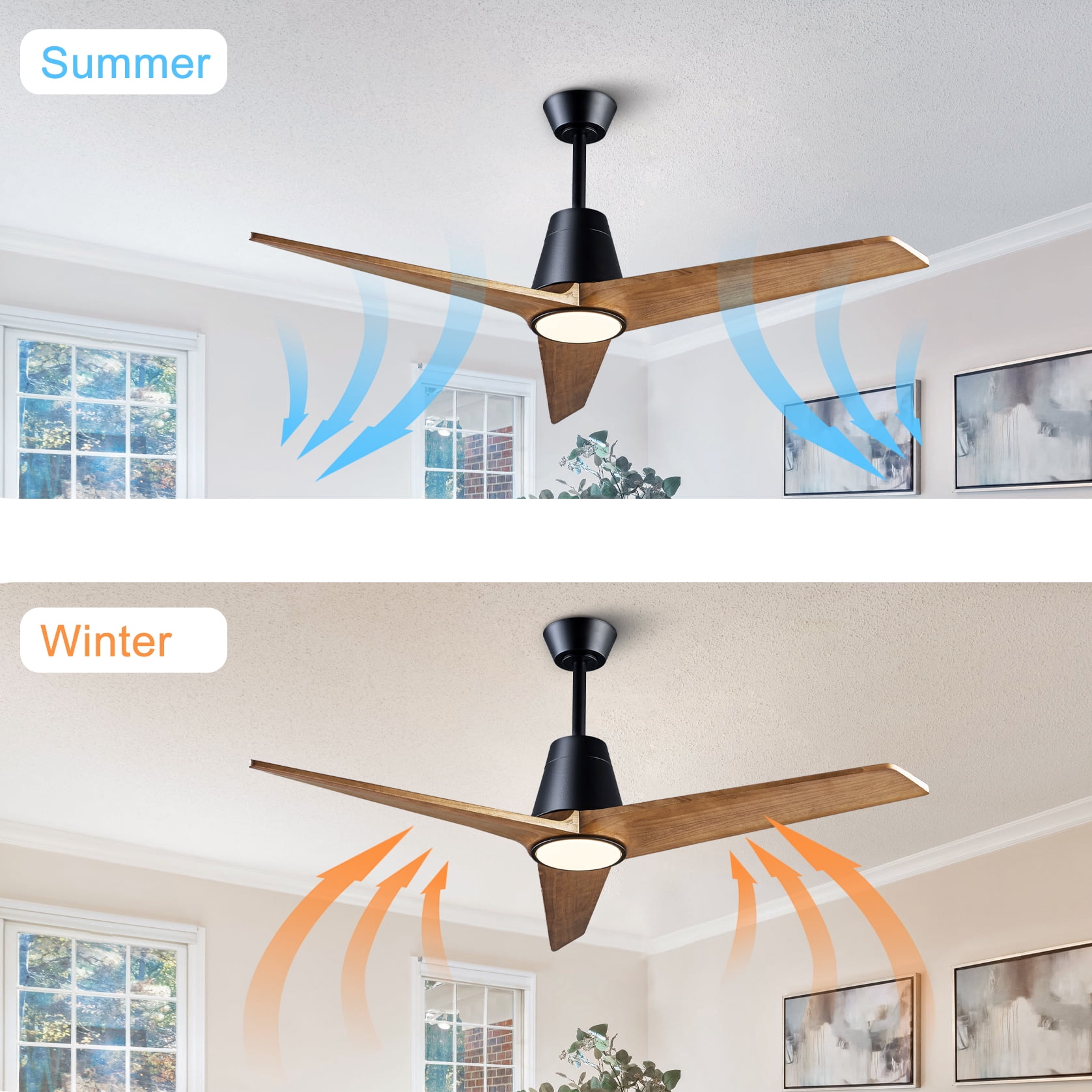 Mintazer 52 in Ceiling Fan with Lights and Remote, Modern Ceiling Fan with 6 Speed & 3 Blade for Indoor Outdoor Bedroom Living Room, Walnut