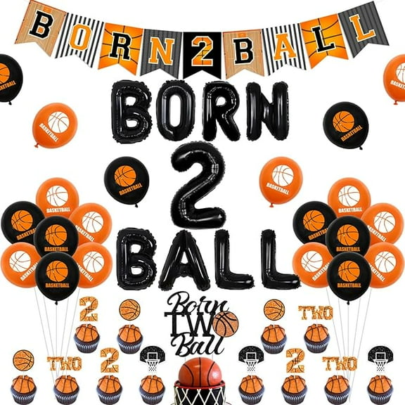 Born Two Ball Birthday Decorations Sport 2nd Birthday Decorations Orange and Black Born 2 Ball Banner Cake Topper and Basketball Balloons for 2nd Boys Sports Themed Birthday Party
