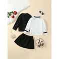 thumbnail image 3 of Bagilaanoe 3Pcs Little Girls Fall Clothes Long Sleeve Jacket + White Frills Shirt Tops + Skirt 3T 4T 5T 6T 7T Kids Casual Skirt Set, 3 of 9