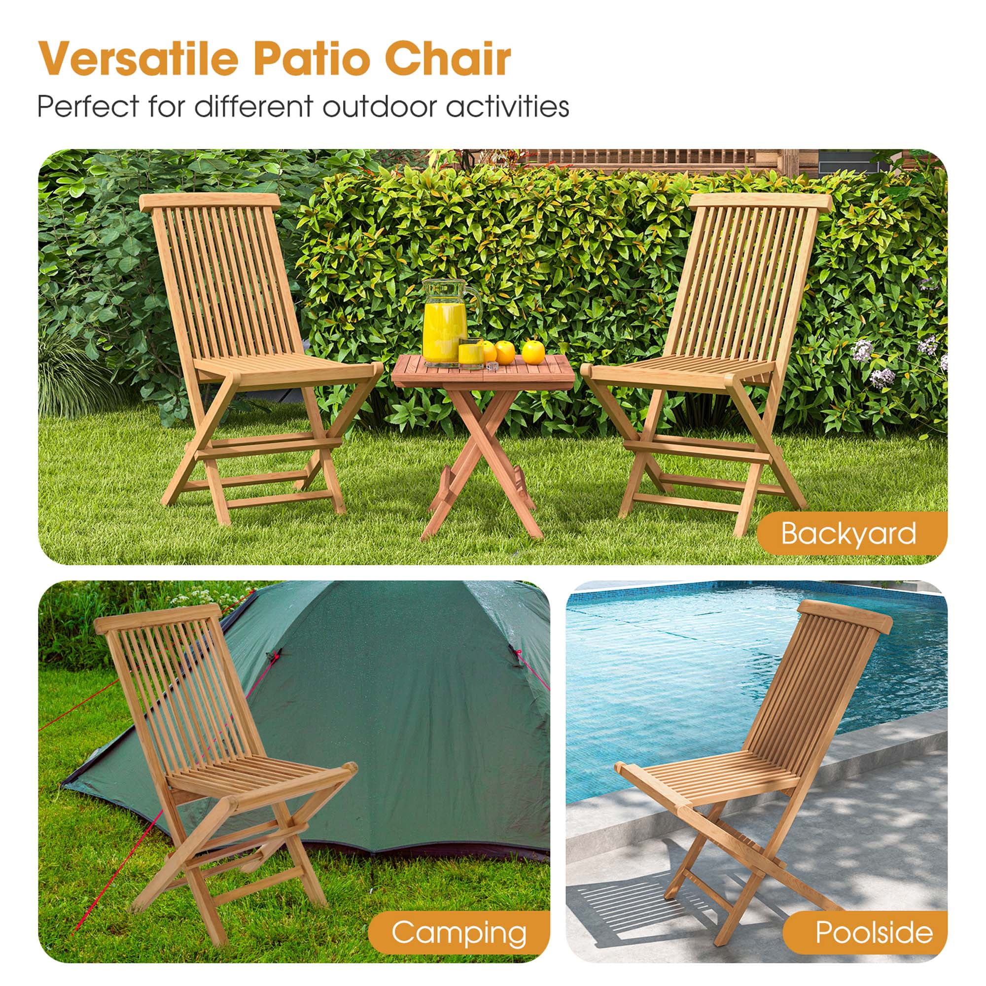 Costway 2 PCS Patio Folding Chair Indonesia Teak High Back Dining Slatted Seat Portable Outdoor