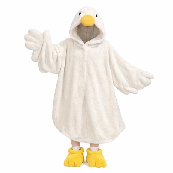 White Goose-Inspired Hoodie Blanket for Adults, Plush Duck Pajamas Cozy Fun Costume