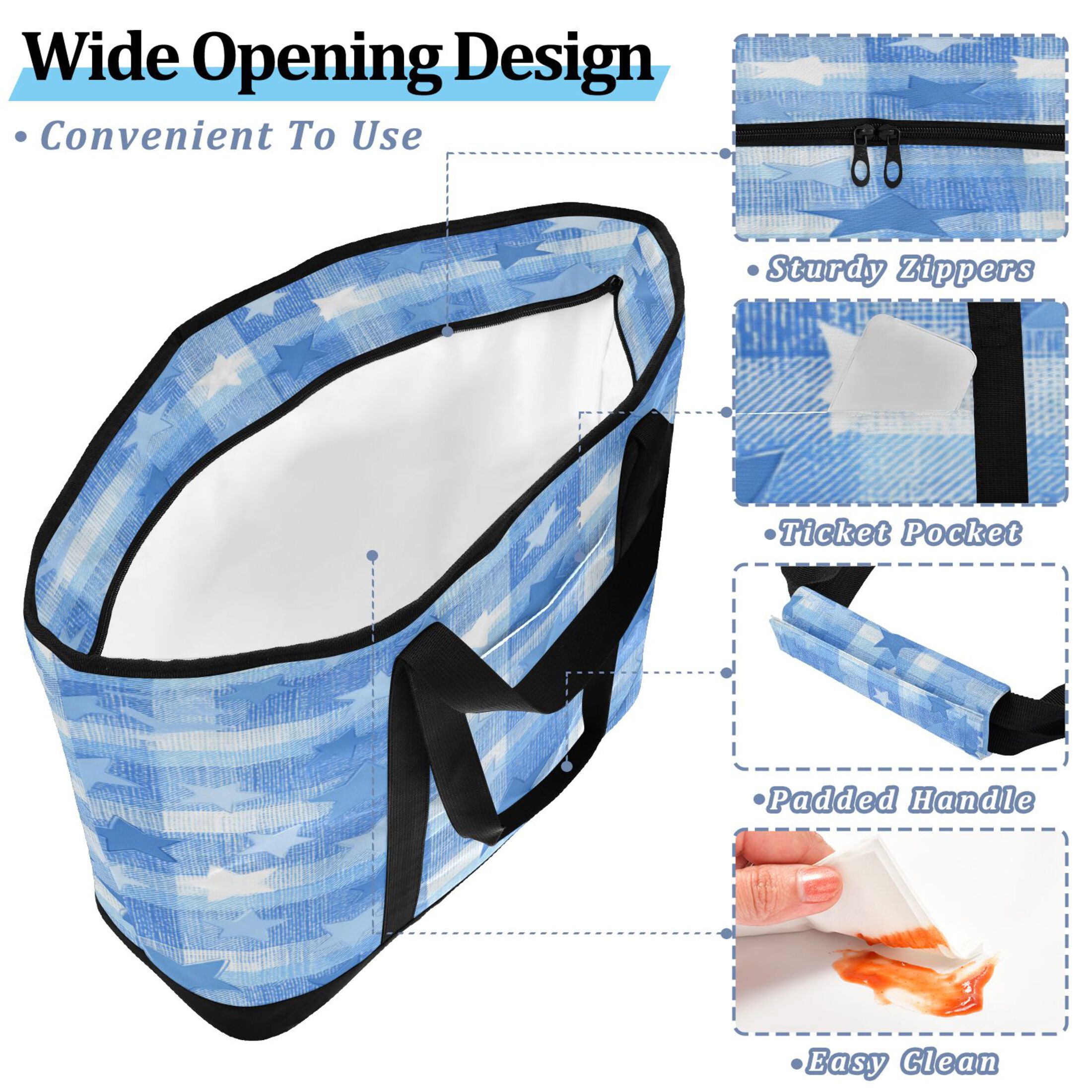 Extra-Large Wide Opening Design Capacity Hand-Held Ice Pack Thickened Insulation Layer For Long-Lasting Cold Retention For Outdoor Shopping Picnics And Camping Gentle Blue Stars