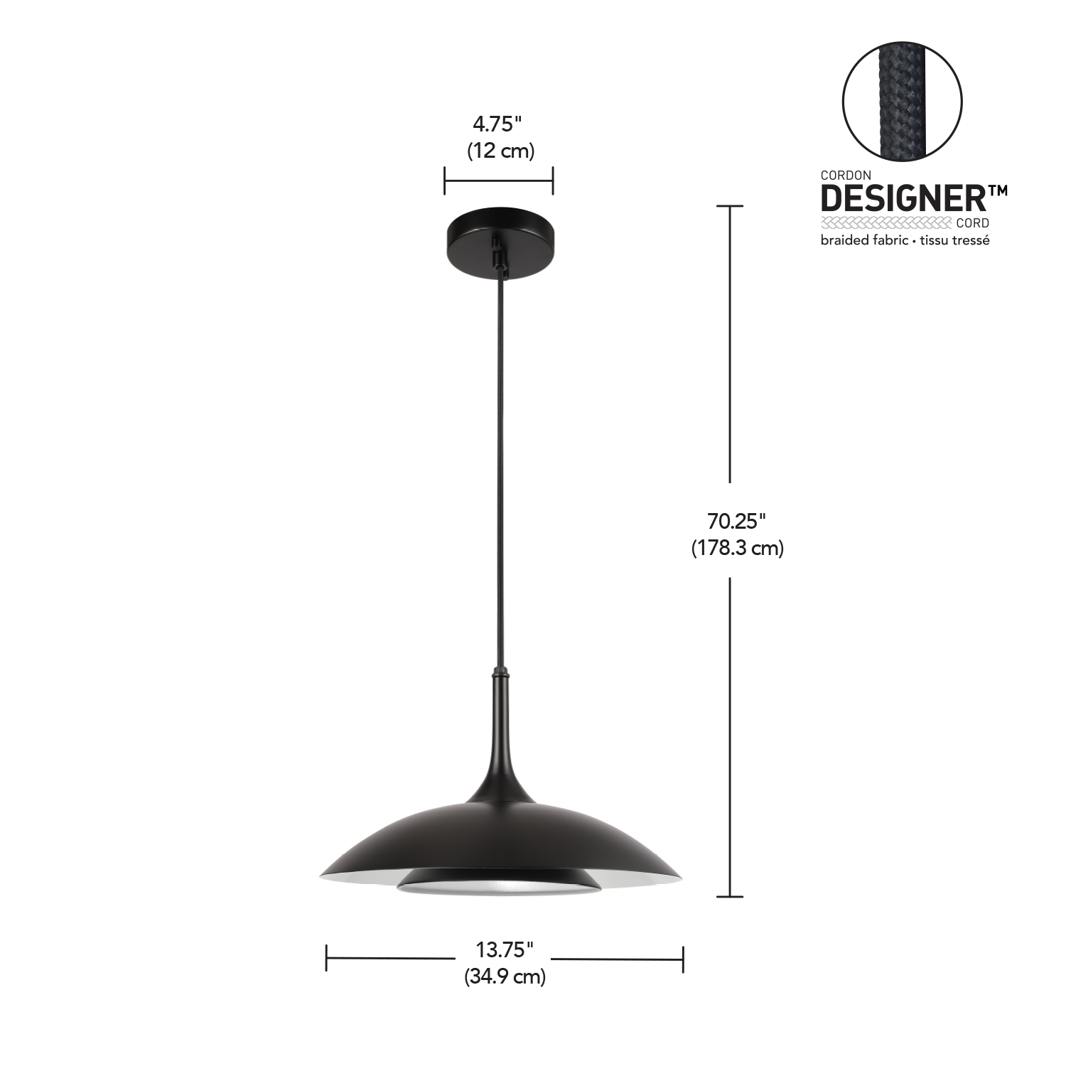 Novogratz x Globe Electric 14" LED Black Pendant Lighting with White Interior Shade, 91006823