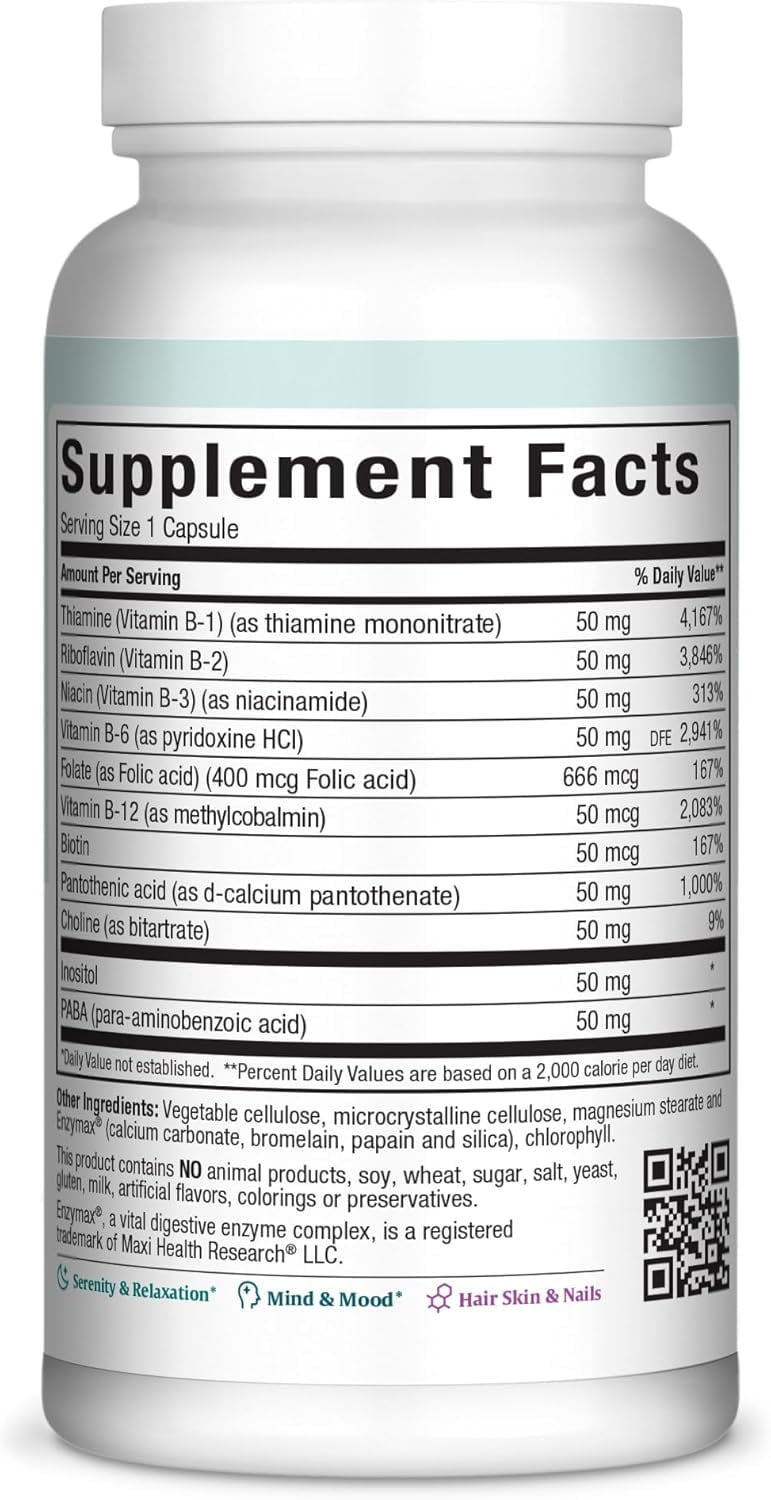 Maxi-Health Vitamin B-50 Complex - with Inositol & Biotin - Stress Formula - 250 Capsules - Kosher