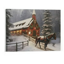 Creowell  Christmas Wall Art - Red Covered Bridge and Horse Christmas Picture - Canvas Print with a Winter Holiday Scene - Farmhouse Style Xmas Décor 20x16 Inch